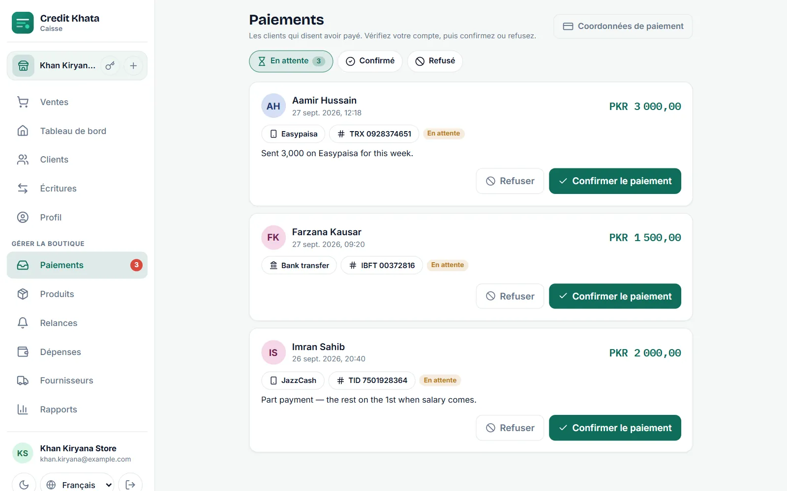 Paiements à confirmer