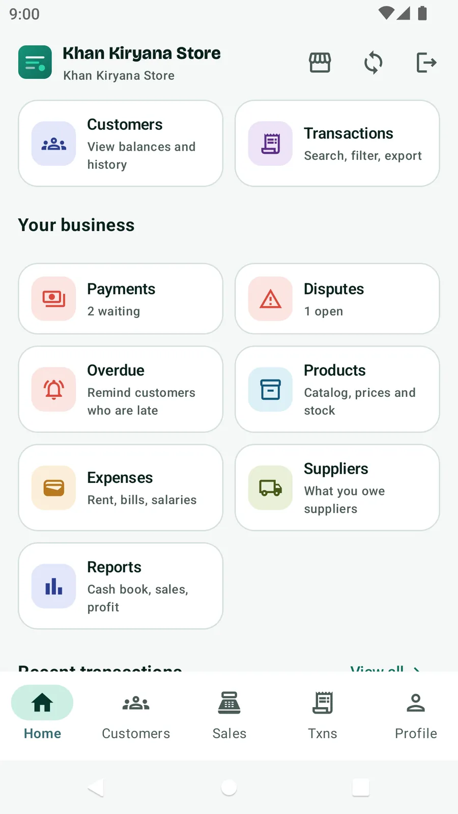 The Android app's business hub with tiles for Payments (2 waiting), Disputes (1 open), Overdue, Products, Expenses, Suppliers and Reports