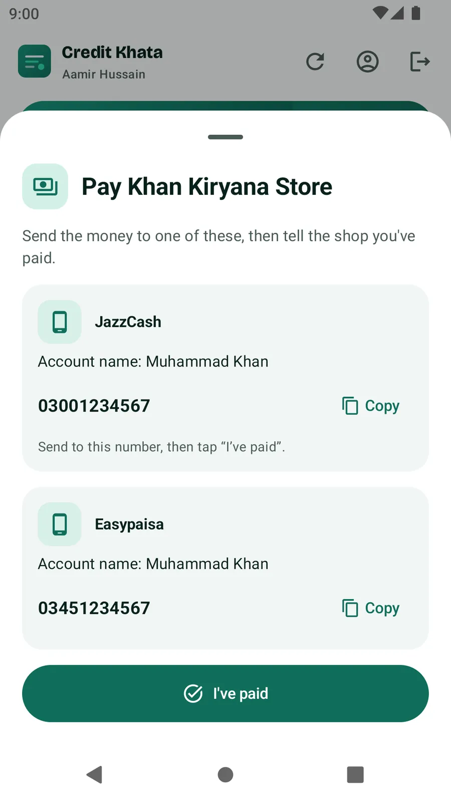 The Pay sheet in the Android app with JazzCash and Easypaisa numbers and the I've paid button