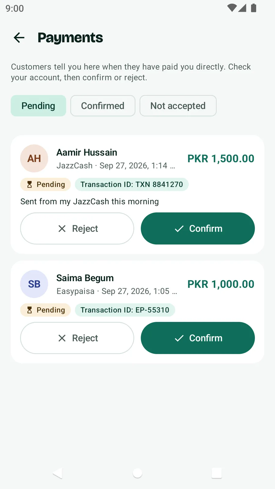 The Payments screen in the Android app with pending claims from Aamir Hussain by JazzCash and Saima Begum by Easypaisa, each with Reject and Confirm buttons