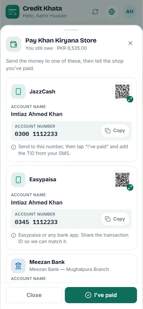 The customer's Pay sheet on a phone: JazzCash and Easypaisa accounts with account name, number, Copy button and QR code, and the I've paid button