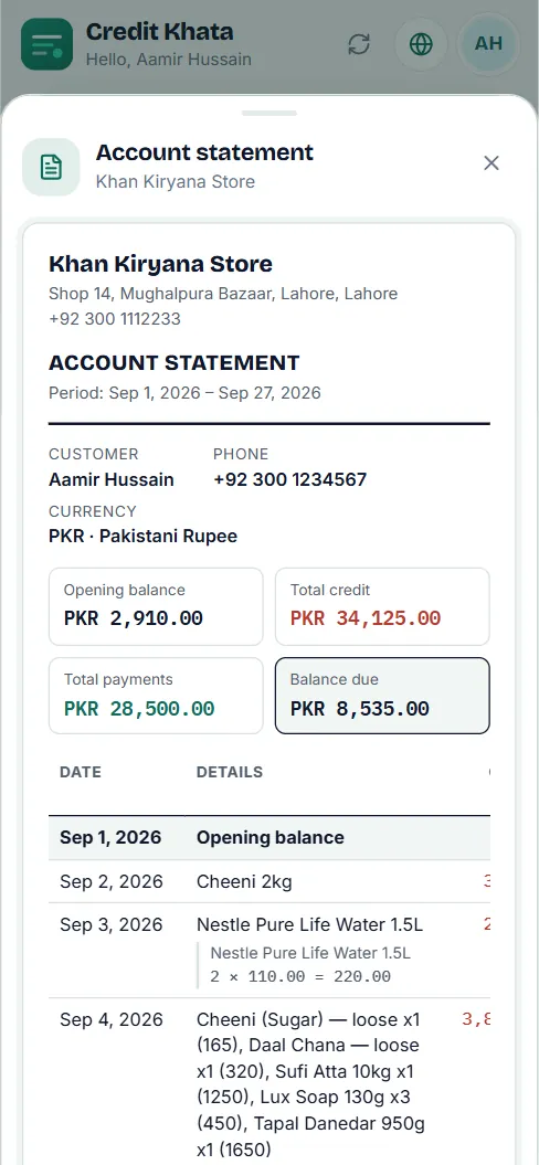 The Account statement on a customer's phone, from Khan Kiryana Store, with opening balance, total credit, total payments and balance due