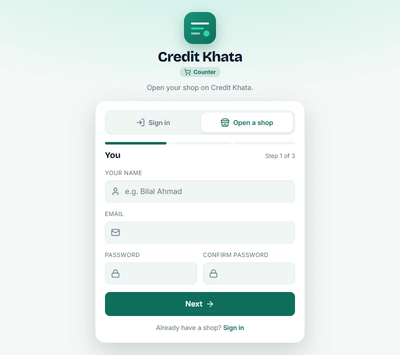 The Open a shop form in the Credit Khata counter app, step 1 of 3