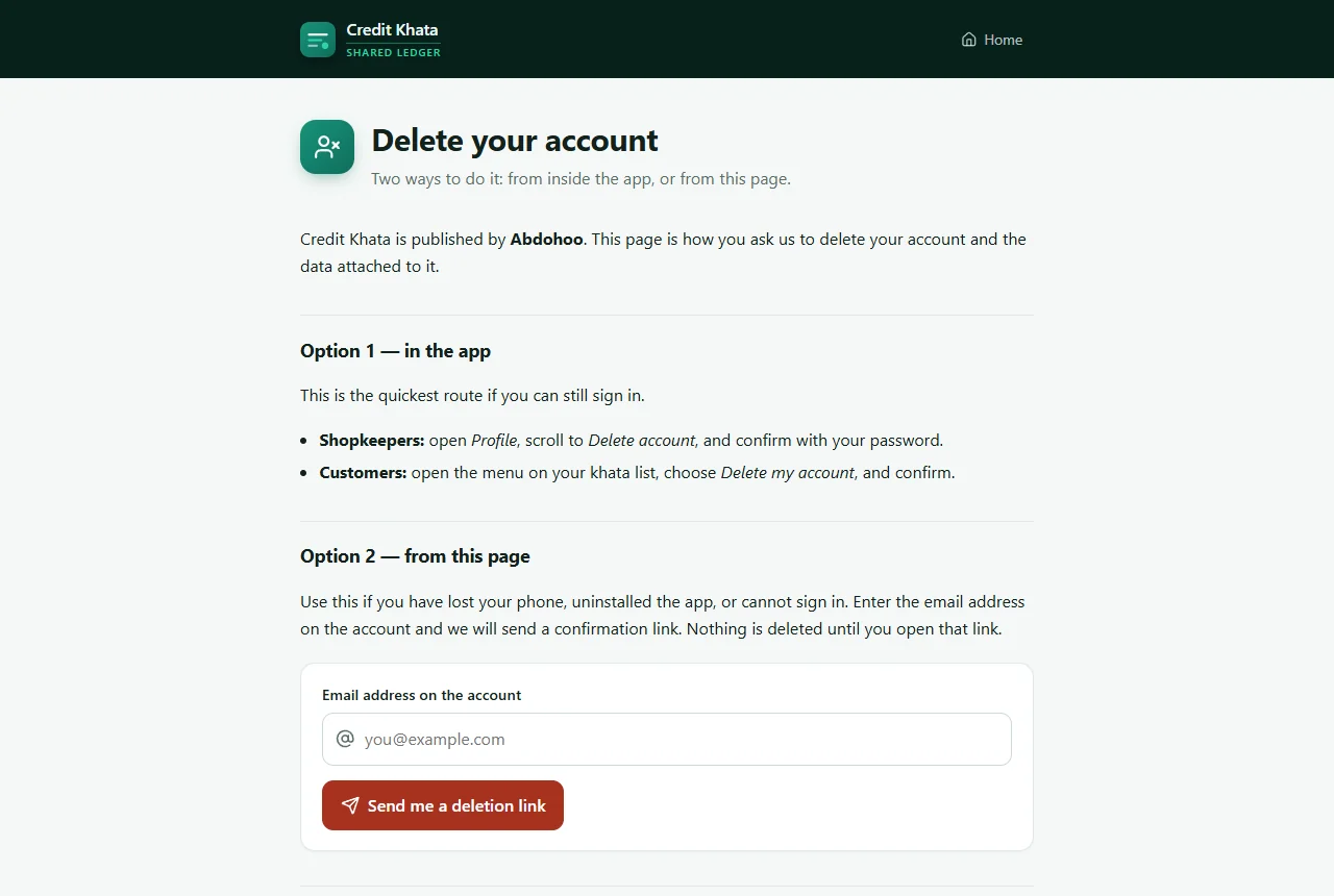 The Delete your account page on ck.abdohoo.app with Option 1 in the app, Option 2 from the page using the account email, and the Send me a deletion link button