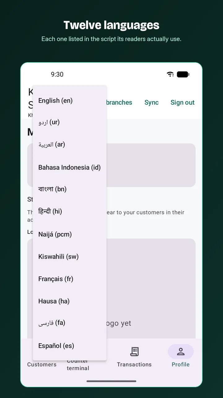 A Play Store screenshot listing the app's languages, each in its own script, among them English, Urdu, Arabic, Bahasa Indonesia, Bengali and Hindi