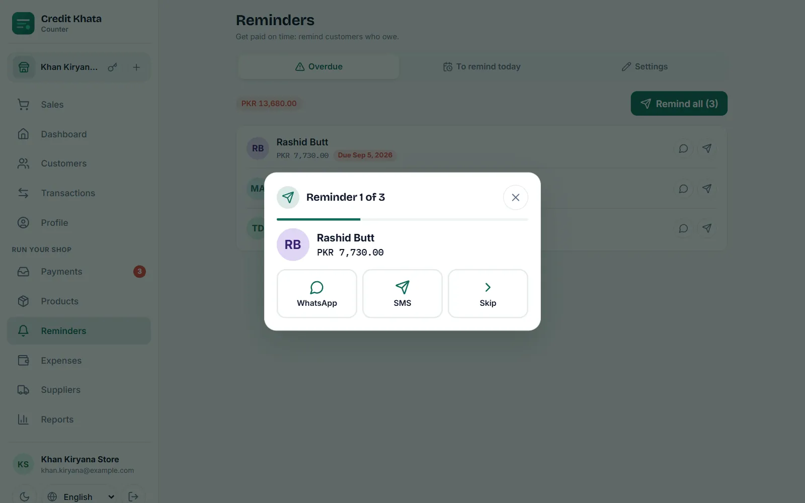 Credit Khata's Remind all sheet showing Reminder 1 of 3 with WhatsApp, SMS and Skip buttons